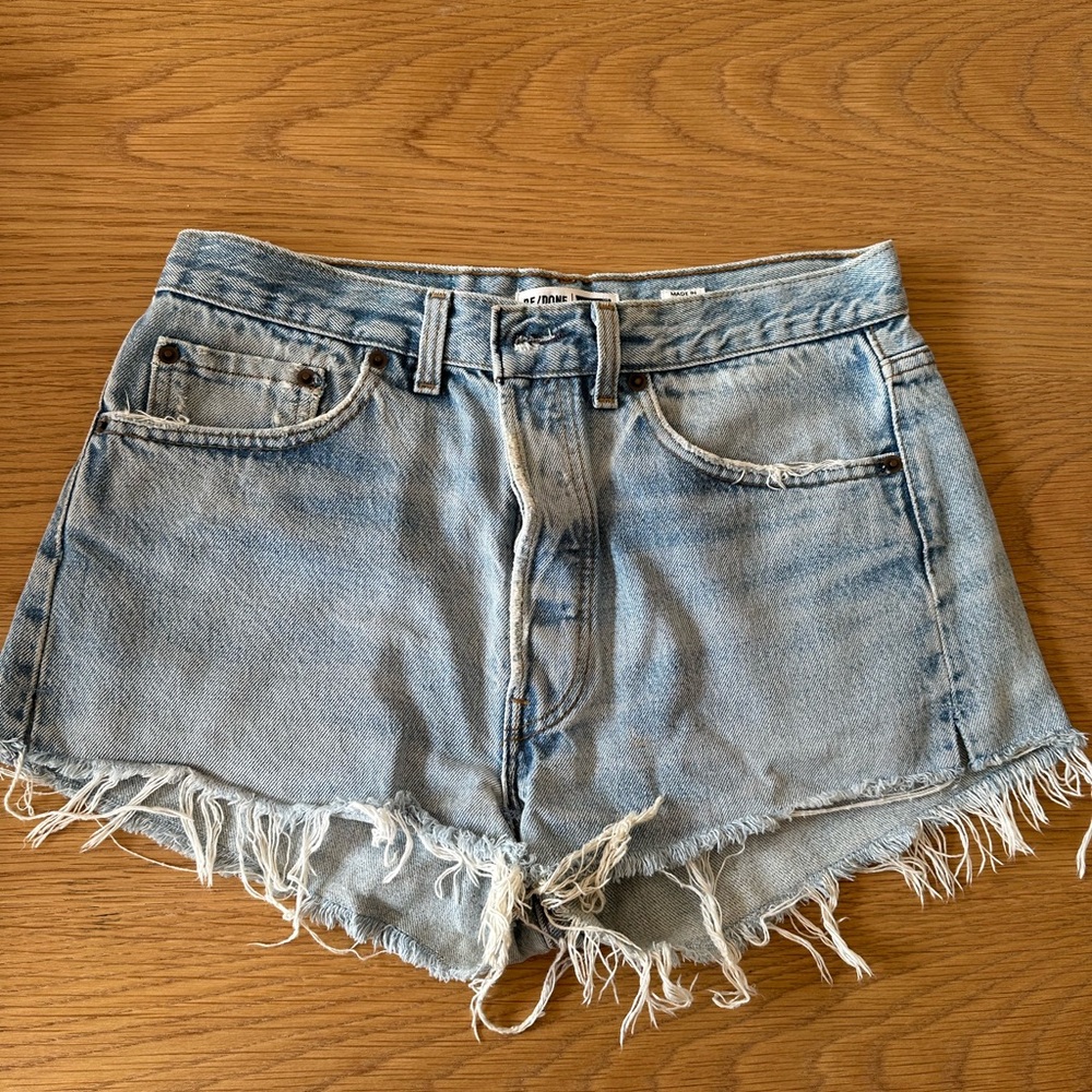 Re/Done Light Blue Frayed Jean Shorts